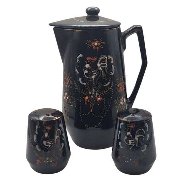 Vintage Redware Rooster Moriage 4-Piece Set 2-Shakers Coffee Pot & Lid Japan MCM - Picture 1 of 12